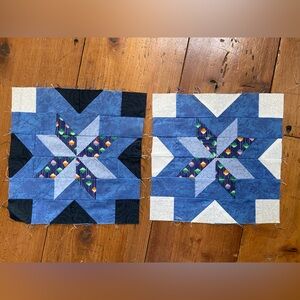 Hunters‎ Star Quilt 2 finished Blocks in shades of Blue Handstitched Handmade